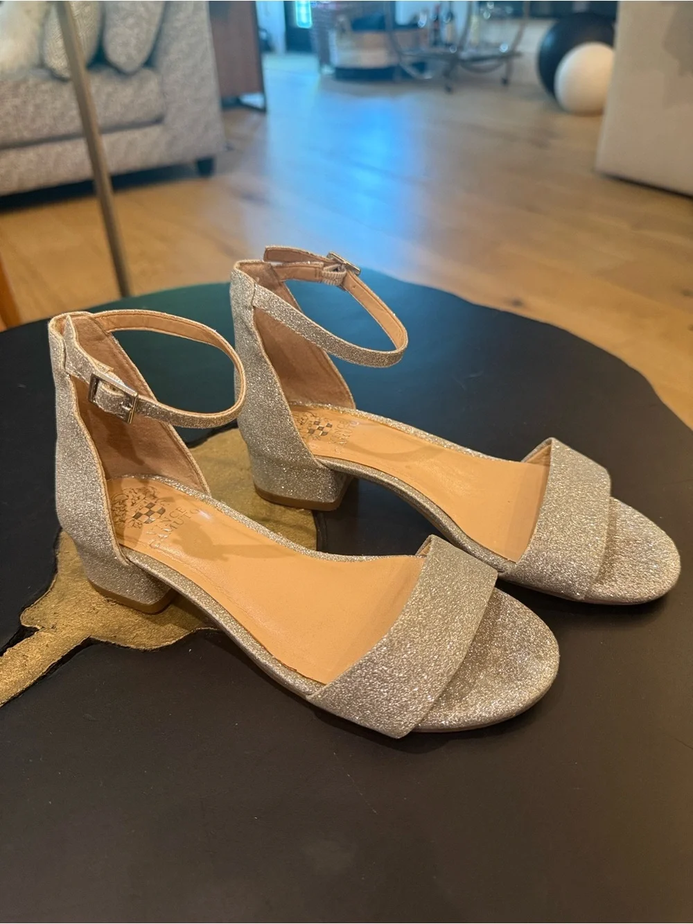 Girls Vince Camuto Silver Glitter Ankle-Strap Block Heel Sandals